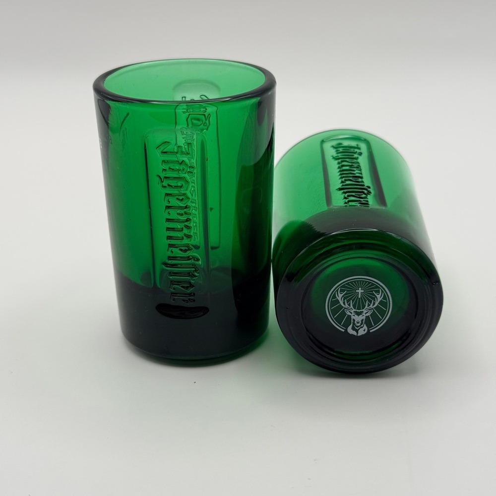 Jagermeister Green Glass Shot Glasses Set of 2 Embossed Logo 1oz Barware Stag
